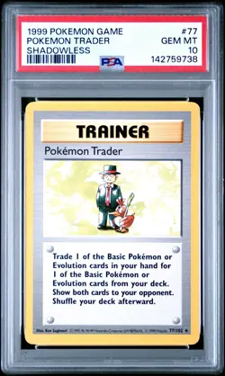PSA 10 GEM MINT 1999 POKEMON GAME 77 POKEMON TRADER SHADOWLESS ENGLISH - Image 1