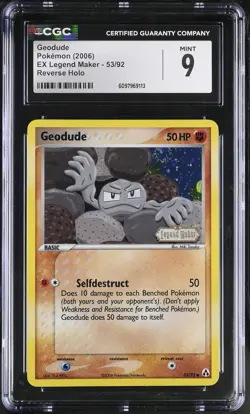 CGC 9 MINT Geodude 2006 EX Legend Maker 53/92 Reverse Holo STAMPED Pokemon Card - Image 1