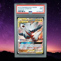 2019 Pokemon SUN & MOON Team Up LATIAS & LATIOS GX PSA 9 MINT - Image 1