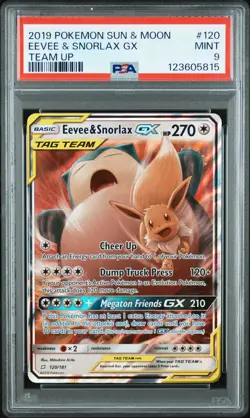 2019 POKEMON SUN & MOON TEAM UP #120 EEVEE & SNORLAX GX PSA 9 - Image 1