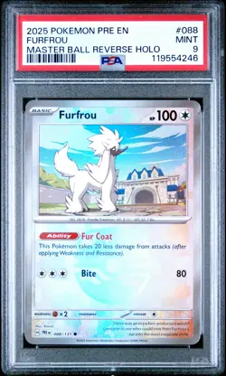 2025 POKEMON PRE EN-PRISMATIC EVOLUTIONS MASTER BALL REVERSE HOLO FURFROU PSA 9 - Image 1