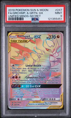 2019 POKEMON SUN & MOON UNIFIED MINDS #247 FULL ART/GARCHOMP & GIRATINA GX PSA 9 - Image 1