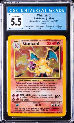 1999 POKEMON BASE SET UNLIMITED HOLO #4/102 CHARIZARD CGC 5.5 - Image 1
