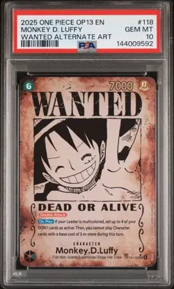2025 One Piece OP13 EN Wanted Alternate Art #118 Monkey D. Luffy PSA 10 GEM MINT - Image 1