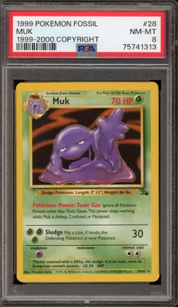 Pokemon Muk Fossil Unlimited Rare #28 1999-2000 Copyright PSA 8 - Image 1