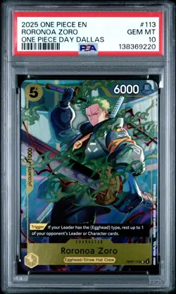 2025 ONE PIECE OP07-113 RORONOA ZORO ONE PIECE DAY DALLAS PROMO ENGLISH PSA 10 - Image 1