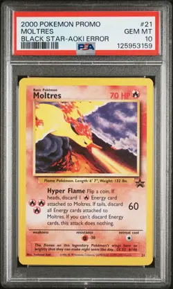 2000 WOTC POKEMON MOVIE MOLTRES #21 BLACK STAR PROMO AOKI ERROR PSA 10 GEM MT Y - Image 1