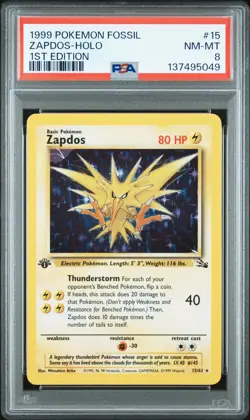 1999 POKEMON FOSSIL 1ST EDITION #15 ZAPDOS-HOLO PSA 8 - Image 1