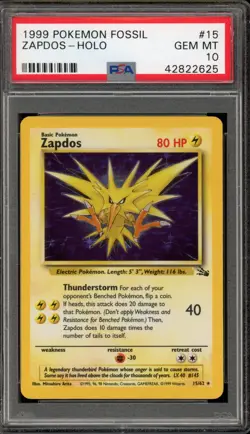 Pokemon Zapdos Fossil Unlimited Holo Rare #15 PSA 10 Gem Mint - Image 1