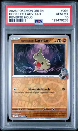 2025 Pokemon Destined Rivals 094 Team Rocket’s Larvitar Reverse Holo PSA 10 Card - Image 1