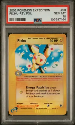 2002 POKEMON EXPEDITION #58 PICHU-REVERSE FOIL PSA 10 - Image 1
