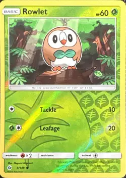 Rowlet 9/149 Common Sun & Moon Pokemon Reverse Holo Near Mint - Image 1