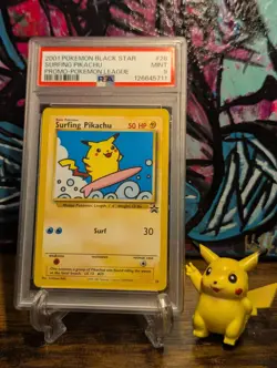 2001 POKEMON 🌊 SURFING PIKACHU BLACK STAR PROMO #28 ⚡ PSA 9 MINT ✨ SURFING PIKA - Image 1