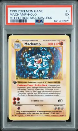 1999 POKEMON BASE SET 1ST EDITION-SHADOWLESS #8 MACHAMP-HOLO PSA 5 - Image 1
