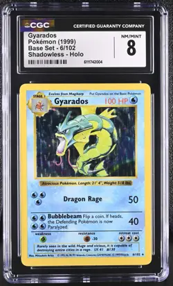 CGC 8 Gyarados Holo 6/102 Shadowless Base Set 1999 Pokemon Card - Image 1
