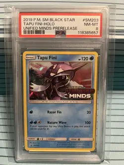 Prerelease Tapu Fini Holo BLACK STAR PROMO SM203 Unified Minds PSA 8 - Image 1