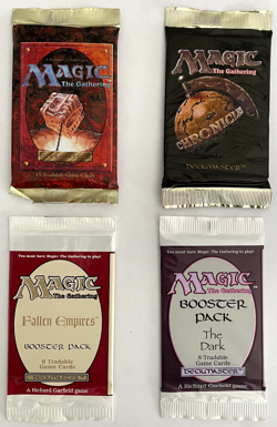 Four MTG booster packs: 4th Edition, Chronicles, Fallen Empires, & The Dark - Image 1