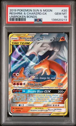 2019 POKEMON SUN & MOON UNBROKEN BONDS #20 RESHIRAM & CHARIZARD GX PSA 10 - Image 1