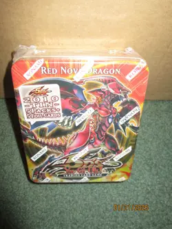 Yugioh 5Ds 2010 Collectors Tin Red Nova Dragon Factory Sealed + Packs & Supers - Image 1