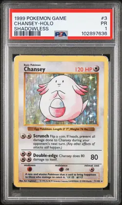 1999 POKEMON BASE SET SHADOWLESS #3 CHANSEY-HOLO PSA 1 - Image 1