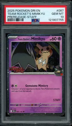 Pokemon PSA 10 Team Rocket's Mimikyu 087/182 Destined Rivals STAFF Promo Mint - Image 1