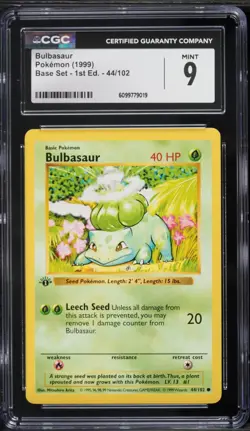 CGC 9 Bulbasaur 1st Edition Shadowless Base Set 1999 Pokemon Card #44 - Image 1