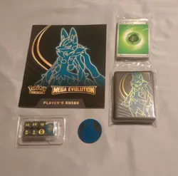 Pokemon Mega Evolution Lucario Box Contents Coin Dice Sleeves Player's Guide - Image 1