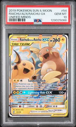 2019 POKEMON SUN & MOON UNIFIED MINDS #54 RAICHU & ALOLAN RAICHU GX PSA 10 - Image 1