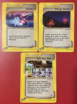 Pokemon Expedition Set Trainer Lot (3x)- Switch, Energy Search, Moo-Moo Milk - Image 1