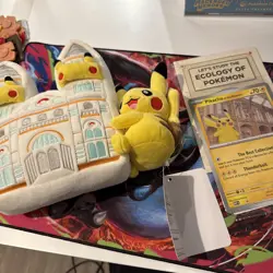 Pikachu At The Museum Pokemon Centre Plushie X Pikachu At The Museum Jumbo Card - Image 1