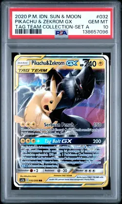 PSA 10 Gem Mint Pikachu & Zekrom GX 032 Full Art Tag Team Indonesian Pokemon - Image 1