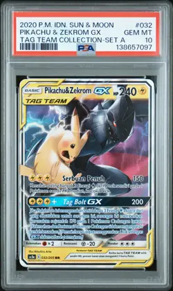 PSA 10 Gem Mint Pikachu & Zekrom GX 032 Full Art Tag Team Indonesian Pokemon - Image 3