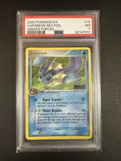 Pokemon TCG Vaporeon #19 Unseen Forces Reverse Holo PSA 7 Rare Stamped - Image 1