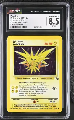 CGC 8.5 Zapdos 1999 Fossil Obstruction ERROR 15/62 Holo Pokemon Card - Image 1