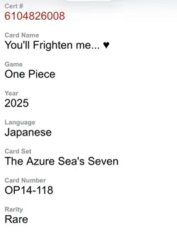 PRISTINE CGC10 “you’ll Frighten Me” Error OP14-118 The Azure Sea's Seven Japan - Image 4