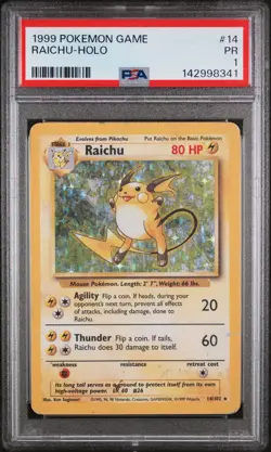 1999 POKEMON BASE SET UNLIMITED #14 RAICHU-HOLO PSA 1 - Image 1