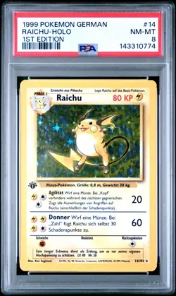 1999 POKEMON GERMAN 1ST ED #14 RAICHU-HOLO PSA 8 - Image 1