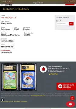 2006 POKEMON EX HOLON PHANTOMS MASQUERAIN REVERSE HOLO CGC 10 PRISTINE POP 2! - Image 3