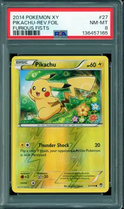2014 POKEMON XY #27 PIKACHU REVERSE FOIL NM-MT PSA 8 FURIOUS FISTS - Image 1