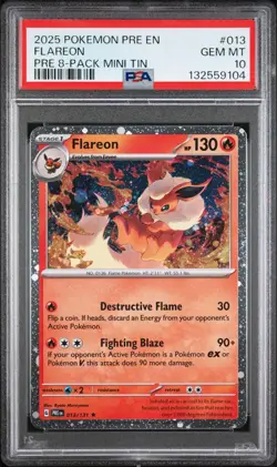 2025 POKEMON PRE EN-PRISMATIC EVOLUTIONS PRE 8-PACK MINI TIN HOLO FLAREON PSA 10 - Image 1