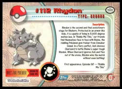 Topps Pokemon Rhydon #112 TV Animation Edition Non Holo Blue Logo 2000 NM - Image 2