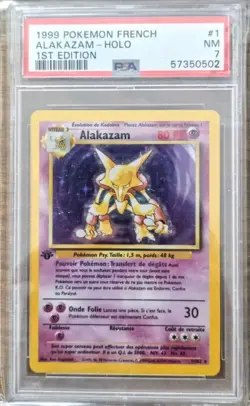 PSA 7 NEAR MINT ALAKAZAM 1/102 HOLO EDITION 1 FRANCAIS SET DE BASE POKEMON - Image 1