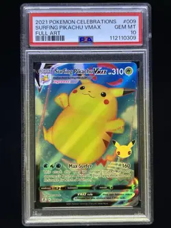 2021 POKEMON CELEBRATIONS #009 FULL ART/SURFING PIKACHU VMAX PSA 10 - Image 1