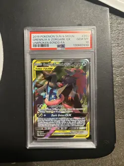 PSA 10 Greninja & Zoroark GX 201/214 Pokemon Sun Moon Unbroken Bonds Gem Mint - Image 1