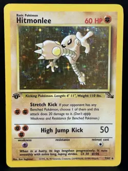1999 Pokemon Card Fossil Hitmonlee 1st Edition Holo Rare MP - Image 1
