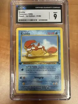 Pokemon TCG Krabby Fossil 51 Regular 1st Edition Common Card CGC Mint 9 - Image 1