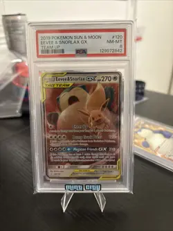 2019 POKEMON SUN & MOON TEAM UP #120 EEVEE & SNORLAX GX PSA 8 Mint Resubmit - Image 1