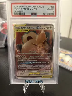 2019 POKEMON SUN & MOON TEAM UP #120 EEVEE & SNORLAX GX PSA 8 Mint Resubmit - Image 2