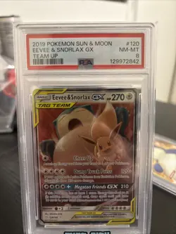 2019 POKEMON SUN & MOON TEAM UP #120 EEVEE & SNORLAX GX PSA 8 Mint Resubmit - Image 3