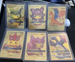Rare Pikachu Mega Lucario Cosplay Pokemon CHARIZARD Gold Foil Fan Art X6 LOT - Image 1
